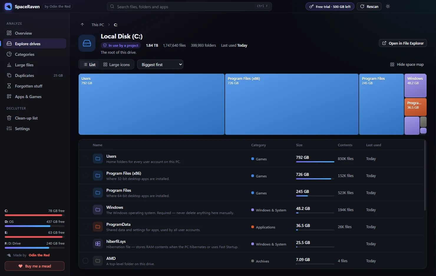 Ravensja drive explorer with space map and folder details