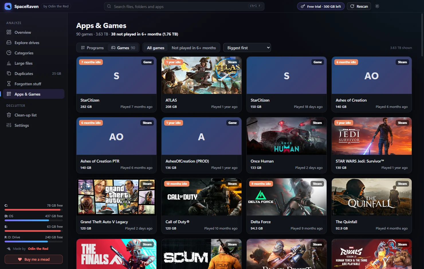 Ravensja games view with cover art and last played dates